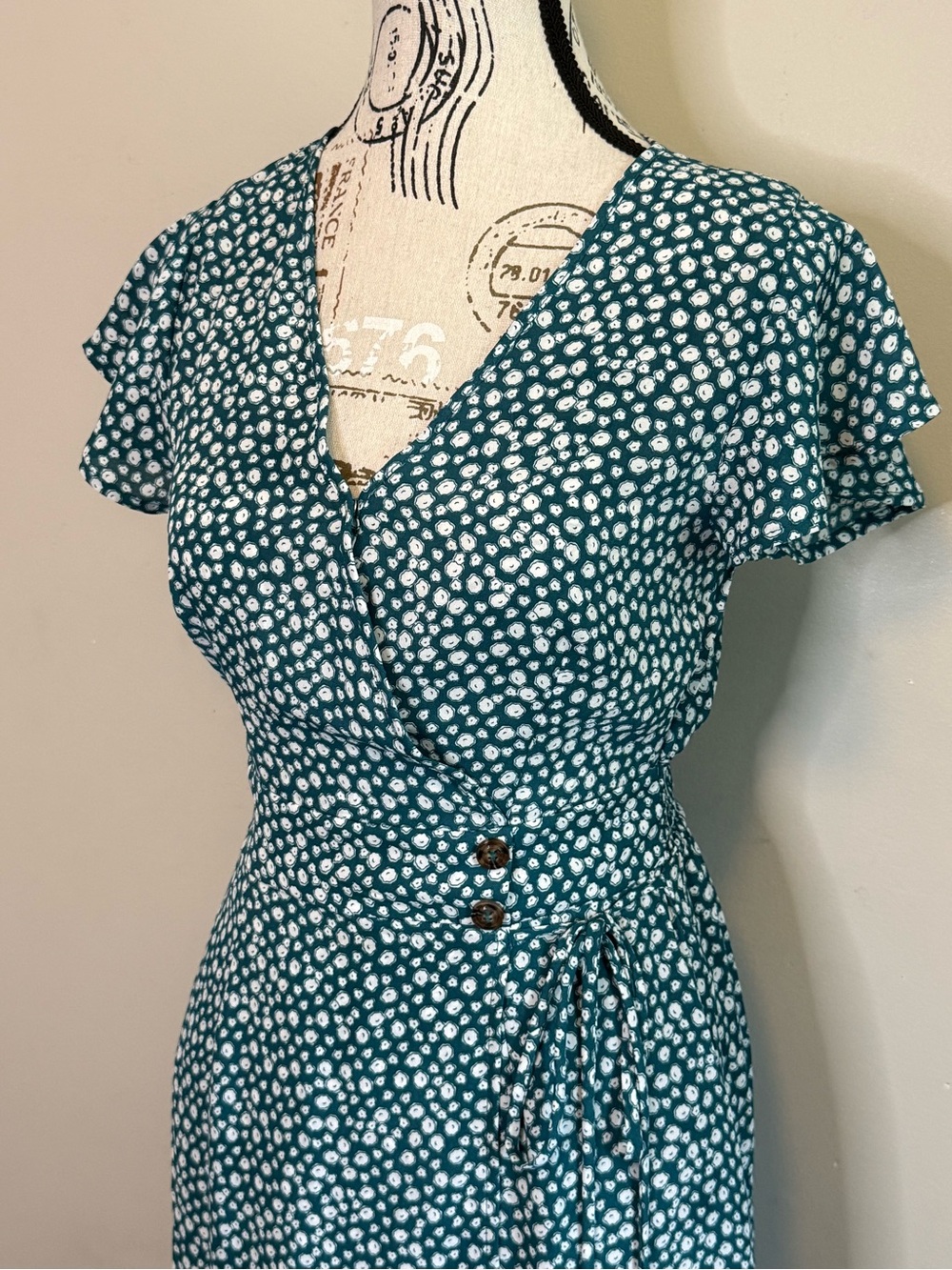 Sienna Sky Teal and White Dot Wrap Midi Dress - Size XS - Picture 3 of 9